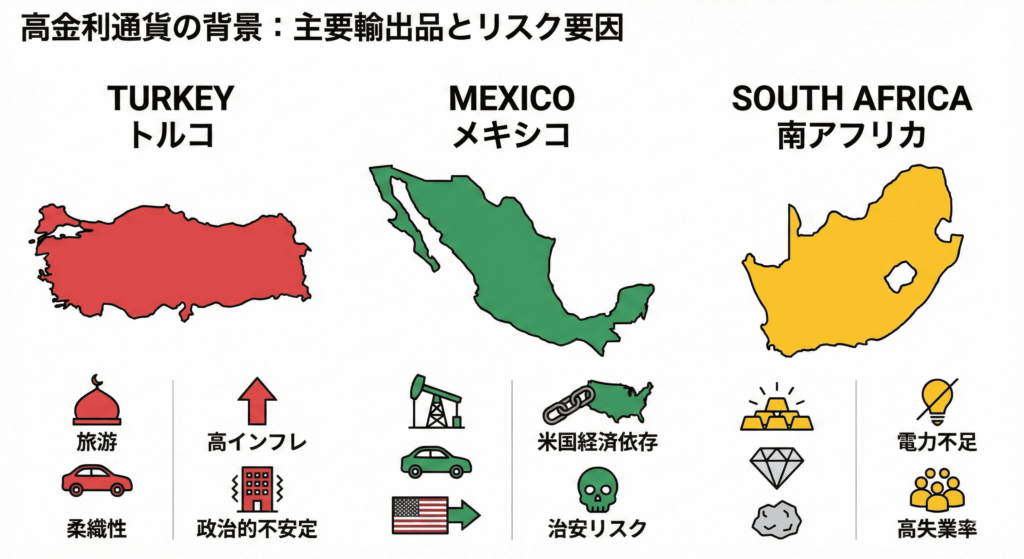 トルコリラ、メキシコペソ、南アフリカランド、